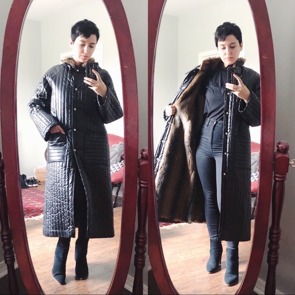 SOLD vintage • 80s Furrrina quilted long coat black brown faux fur puffer maxi - Picture 3 of 13